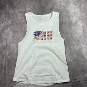 Attitude Is Free Women's Large White Muscle Tank Top Graphic Patriotic USA